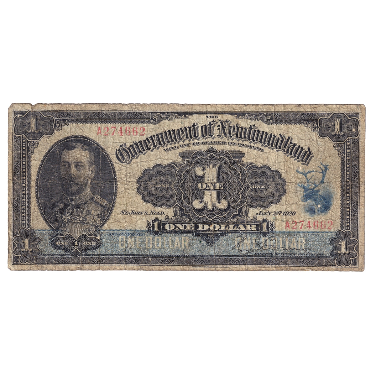 NF-12 1920 Government of Newfoundland $1 Brownigg, G-VG (G6)