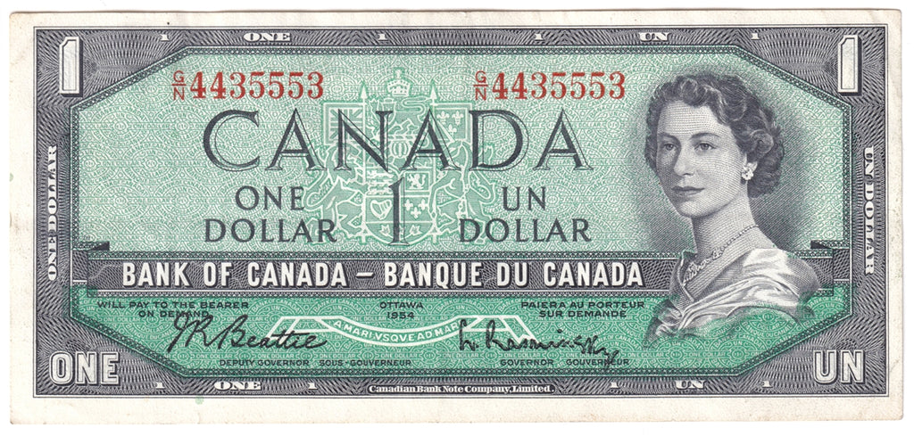 BC-37b 1954 Canada $1 Beattie-Rasminsky, G/N, Extra Fine (EF40)
