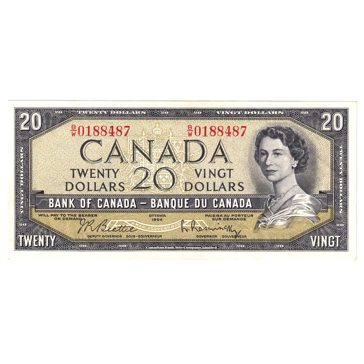 BC-41b 1954 Canada $20 Beattie-Rasminsky, B/W, AU-UNC (AU55)