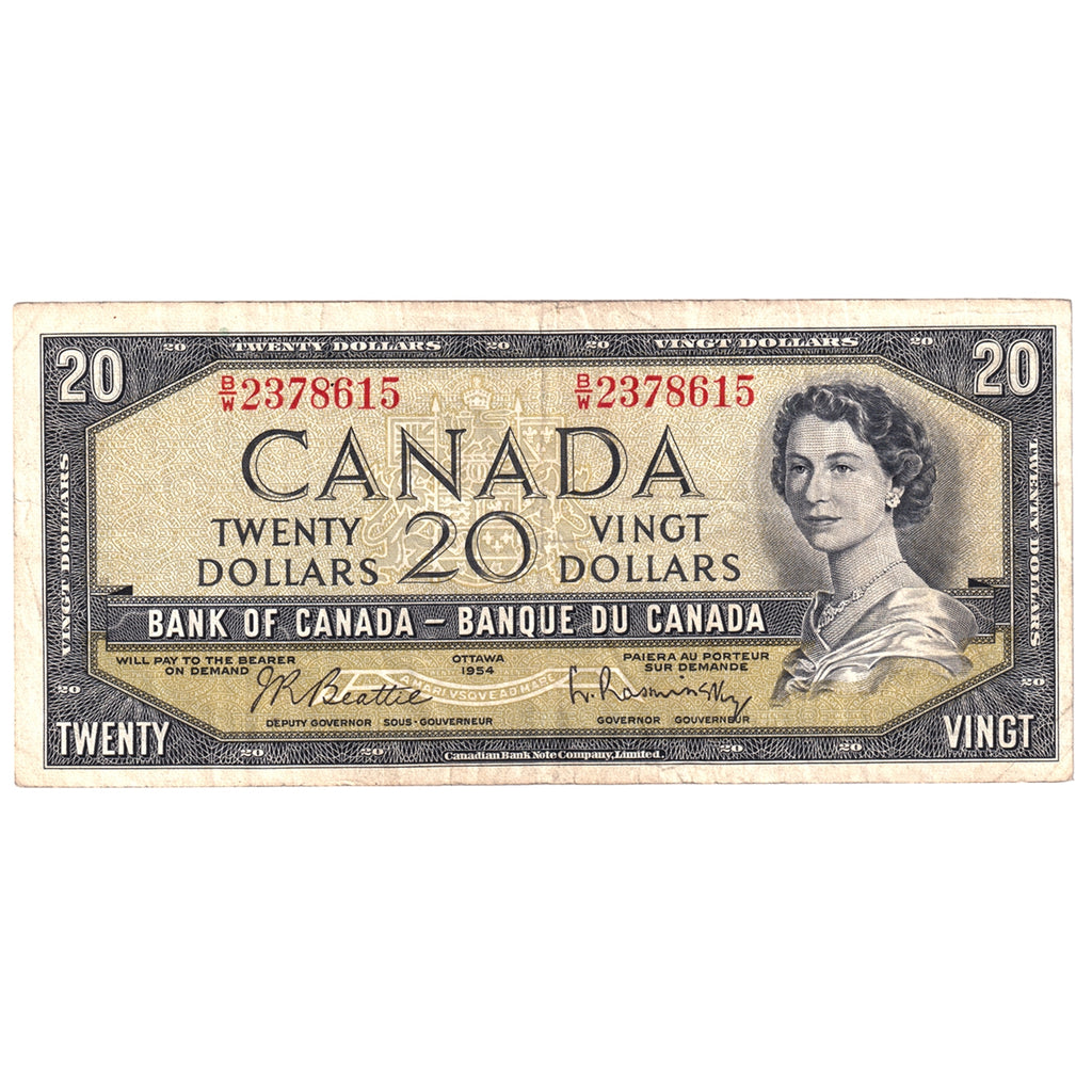 BC-41b 1954 Canada $20 Beattie-Rasminsky, B/W, F-VF (F15)