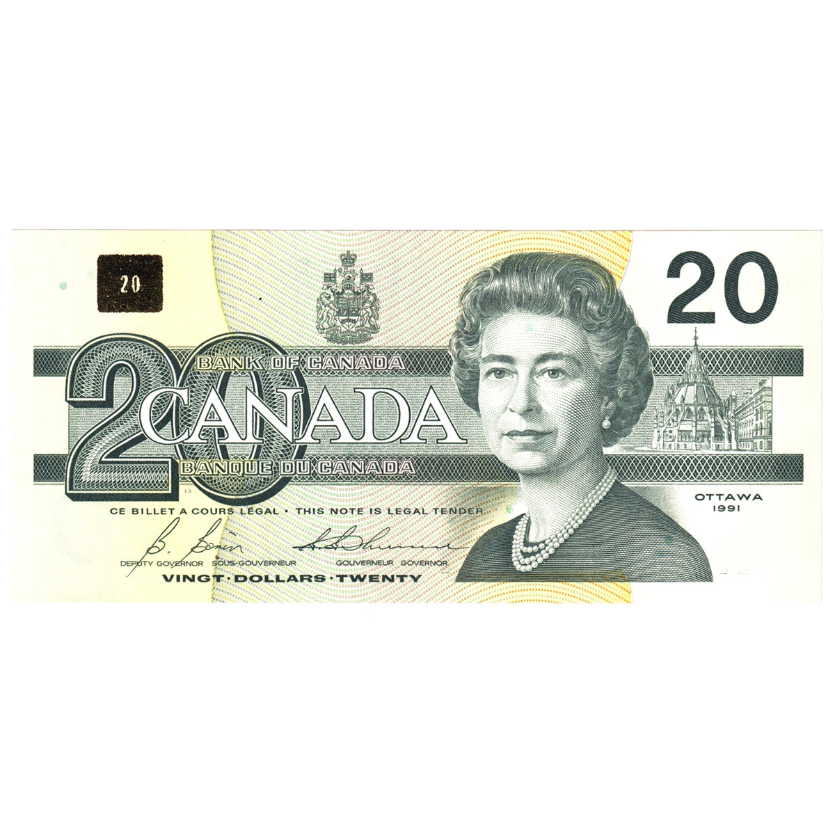 BC-58b 1991 Canada $20 Bonin-Thiessen, ESU, Almost Uncirculated (AU50)