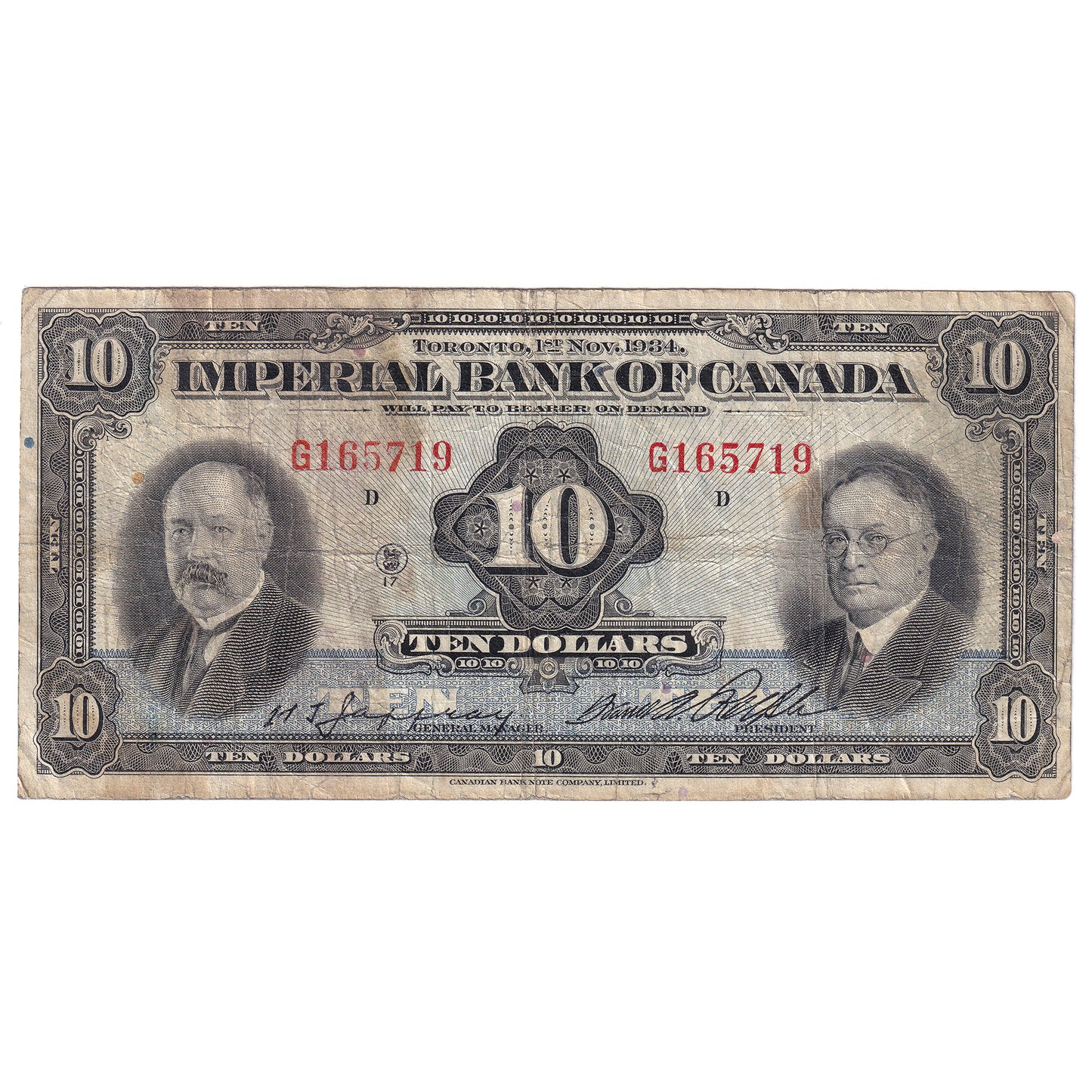 375-22-08 1934 Imperial Bank of Canada $10 Jaffray, Fine (F12)