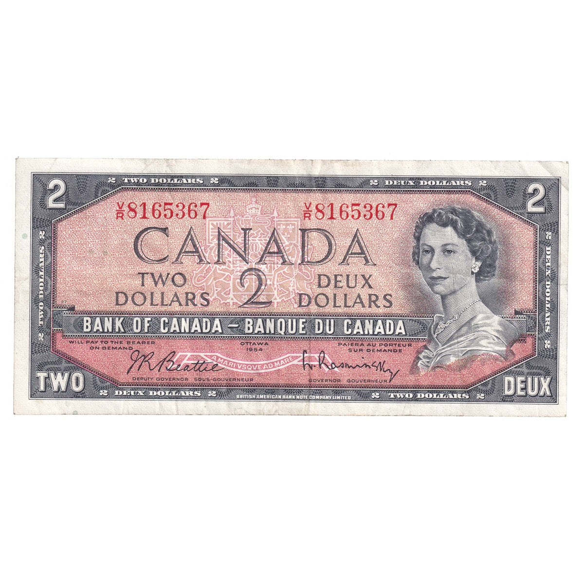 BC-38b 1954 Canada $2 Beattie-Rasminsky, V/R, CIRC