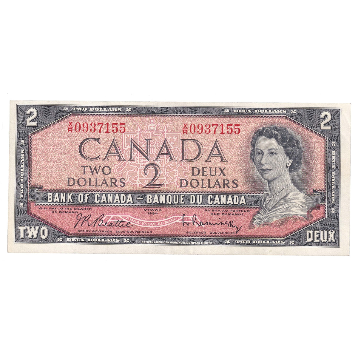 BC-38b 1954 Canada $2 Beattie-Rasminsky, X/R, Extra Fine (EF40)