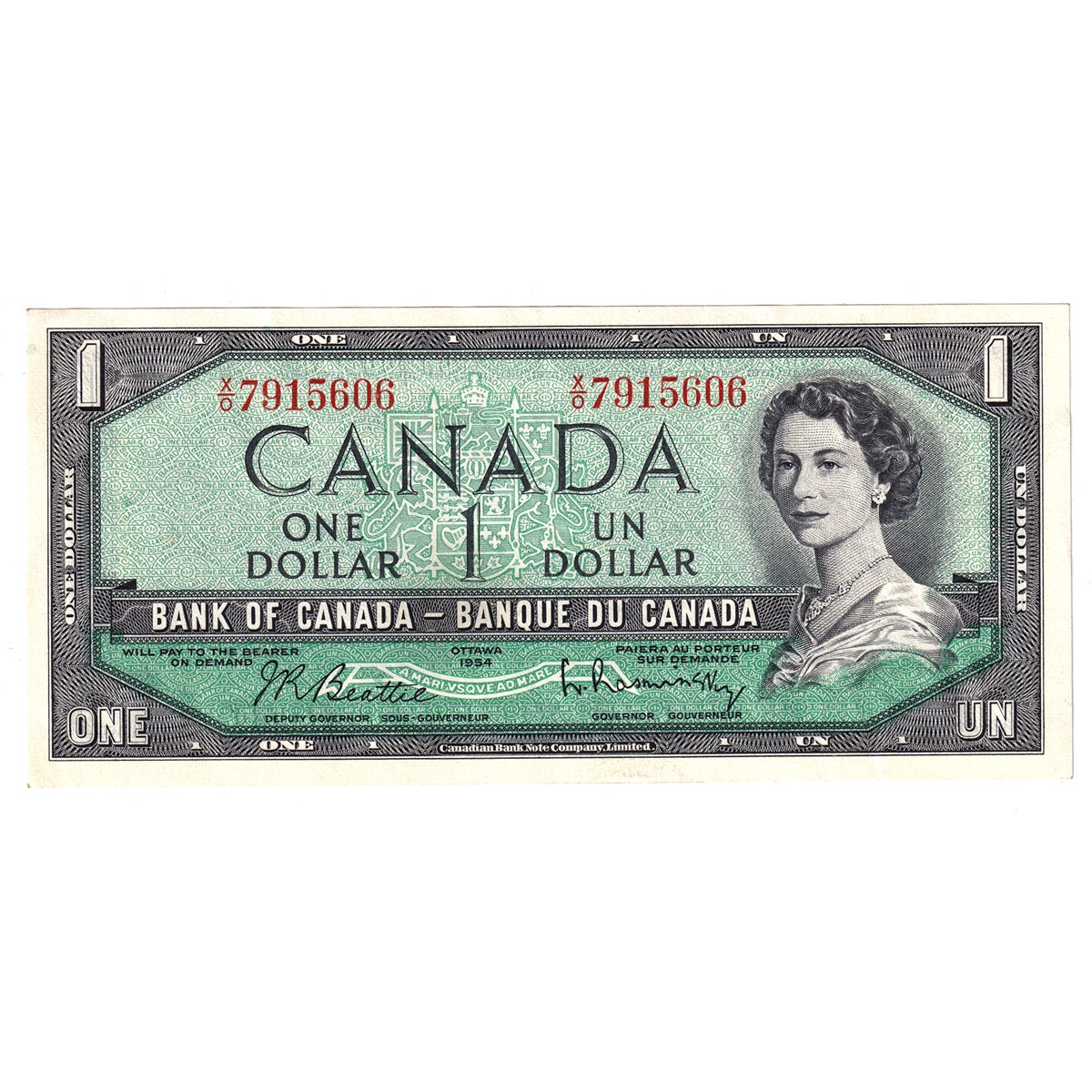 BC-37b 1954 Canada $1 Beattie-Rasminsky, X/O, Extra Fine (EF40)