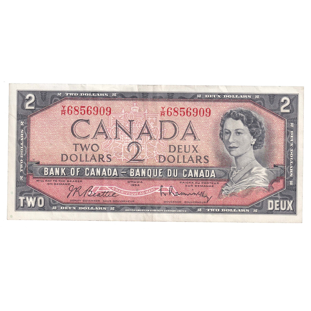 BC-38b 1954 Canada $2 Beattie-Rasminsky, Y/R, VF-EF (VF30)