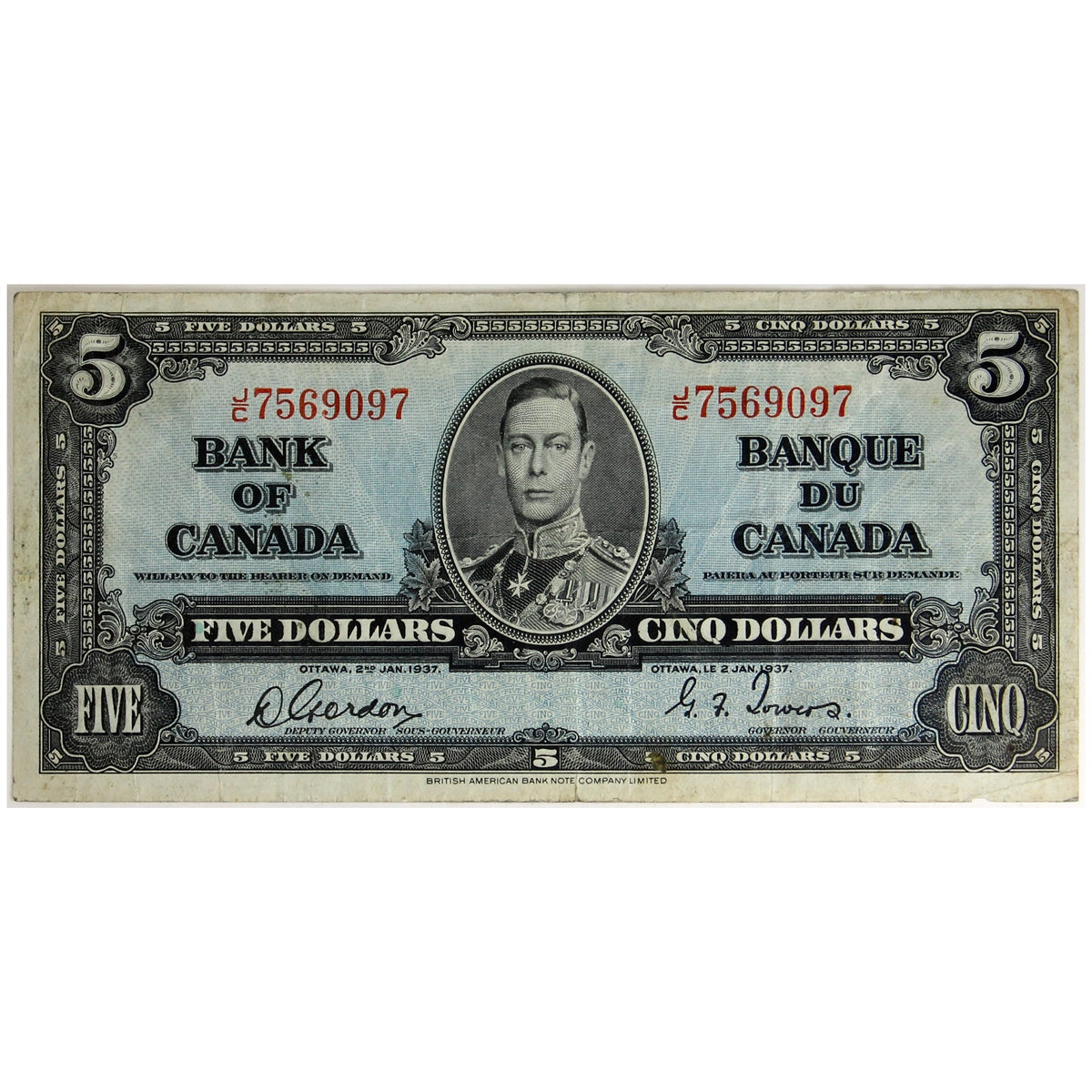 BC-23b 1937 Canada $5 Gordon-Towers, J/C, Very Fine (VF20)