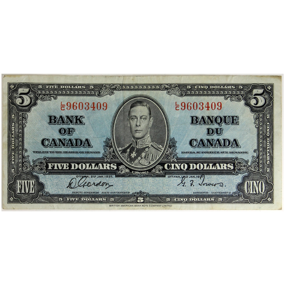 BC-23b 1937 Canada $5 Gordon-Towers, L/C, Very Fine (VF20)