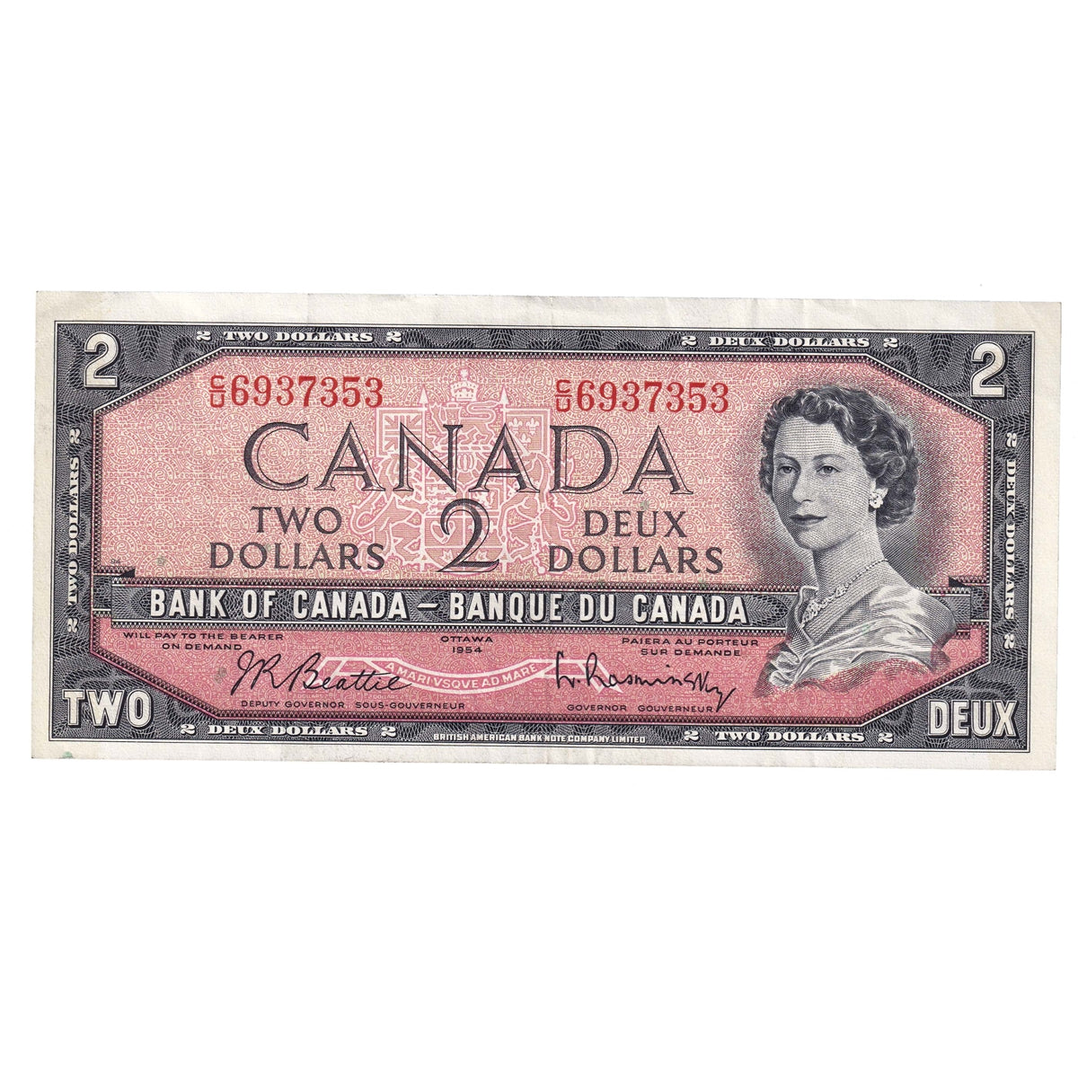 BC-38b 1954 Canada $2 Beattie-Rasminsky, C/U, VF-EF (VF30)