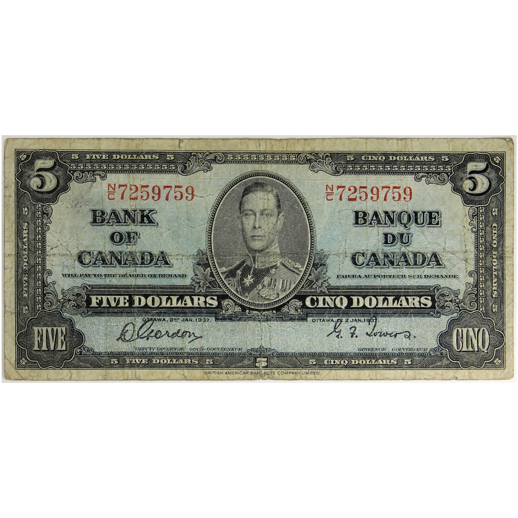 BC-23b 1937 Canada $5 Gordon-Towers, N/C, Circ