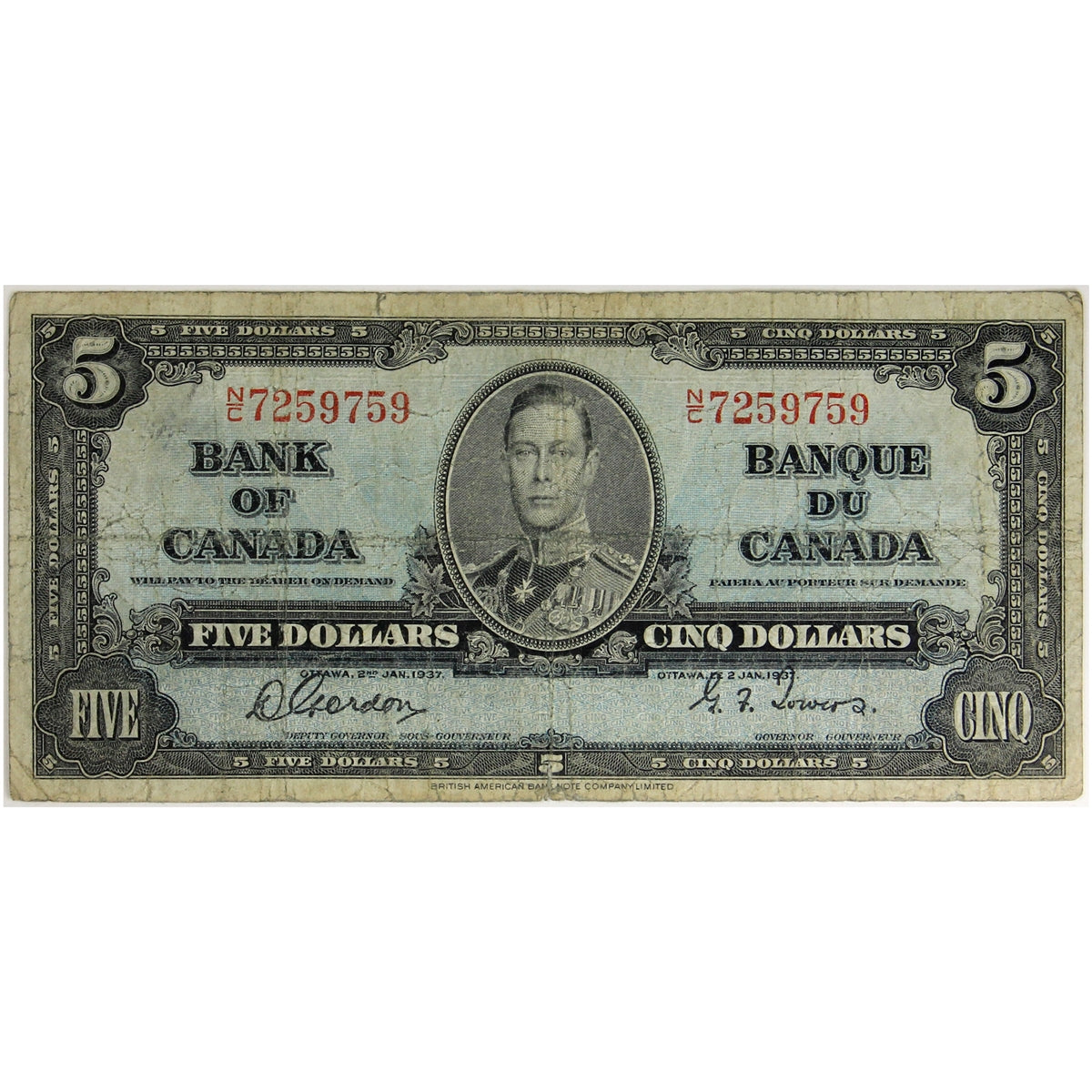 BC-23b 1937 Canada $5 Gordon-Towers, N/C, Circ