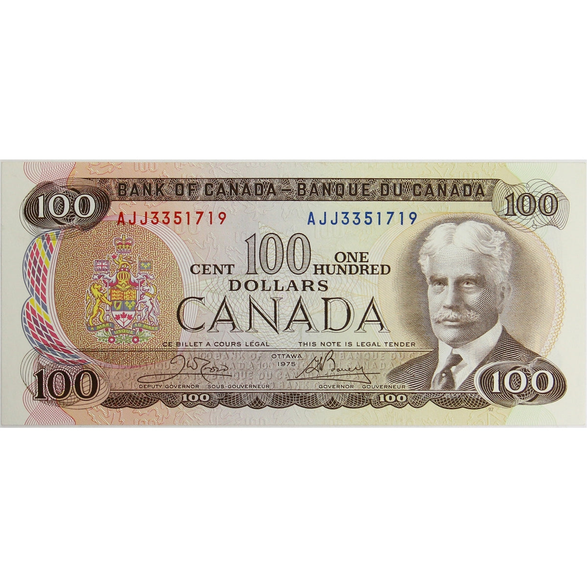 BC-52b 1975 Canada $100 Crow-Bouey, AJJ, Uncirculated (MS60)