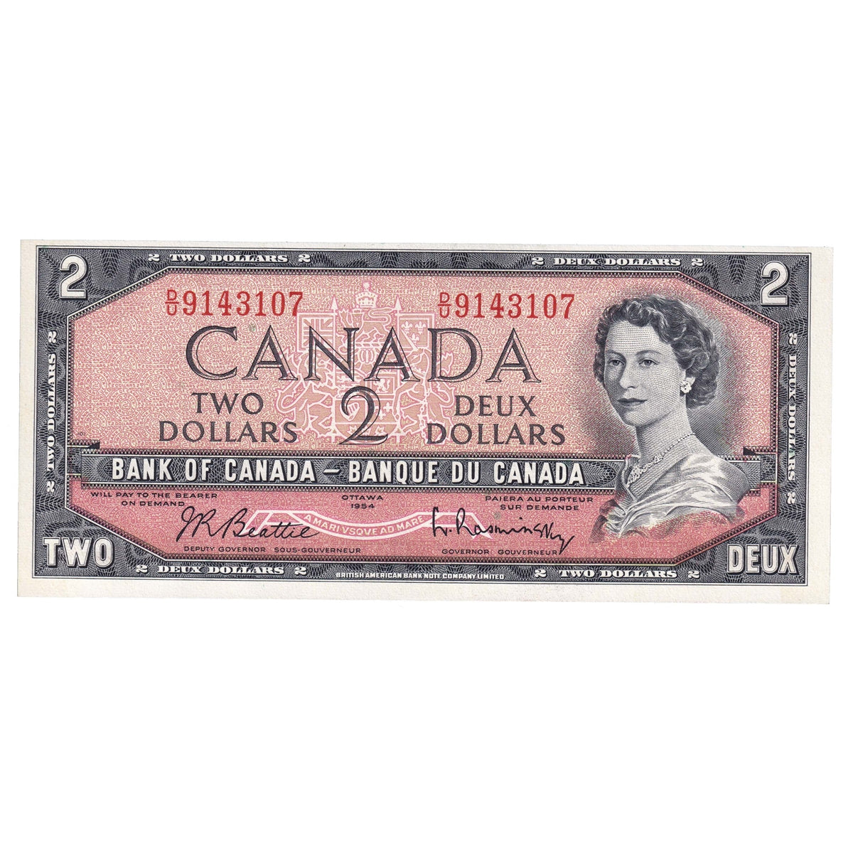 BC-38b 1954 Canada $2 Beattie-Rasminsky, D/U, Uncirculated (MS60)