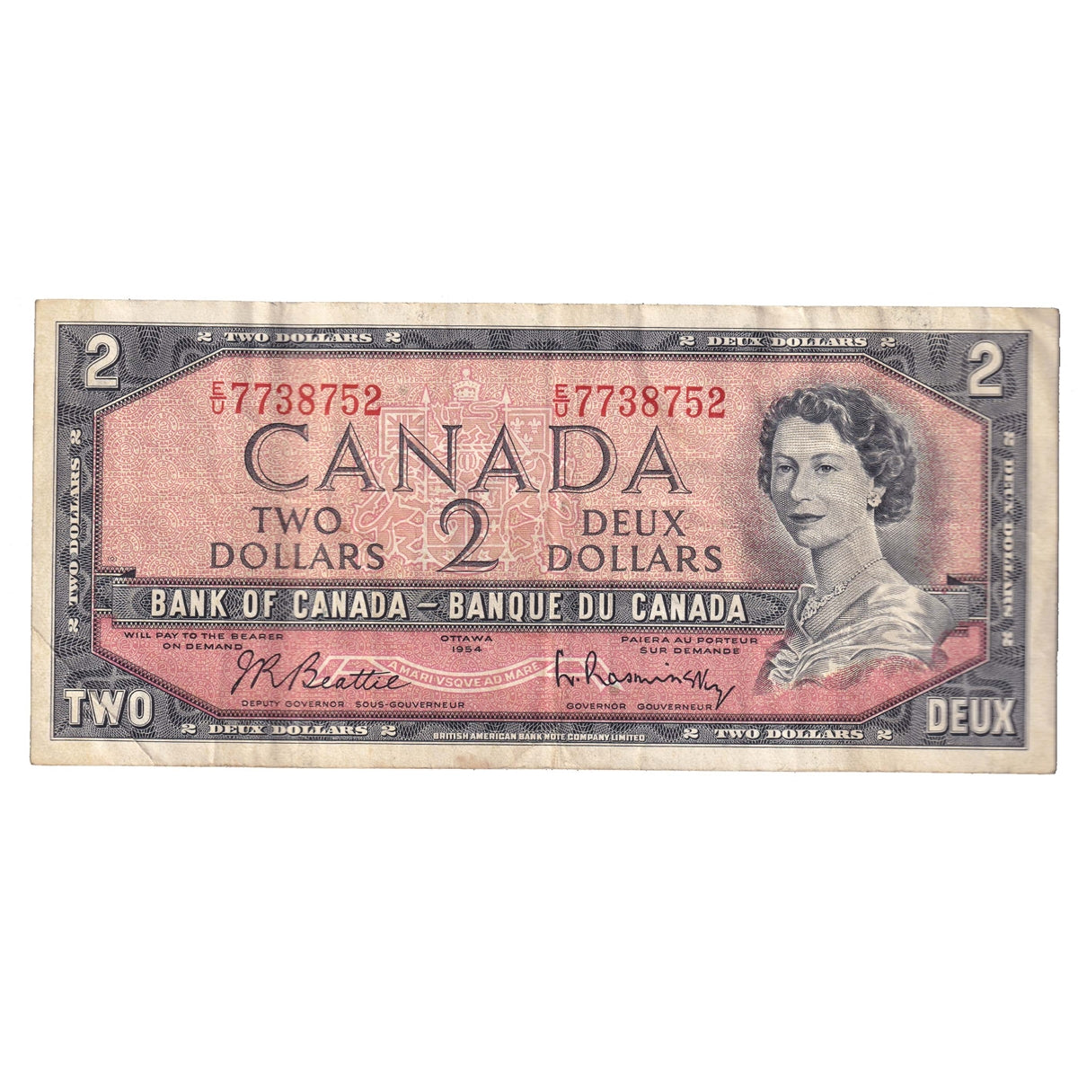 BC-38b 1954 Canada $2 Beattie-Rasminsky, E/U, CIRC