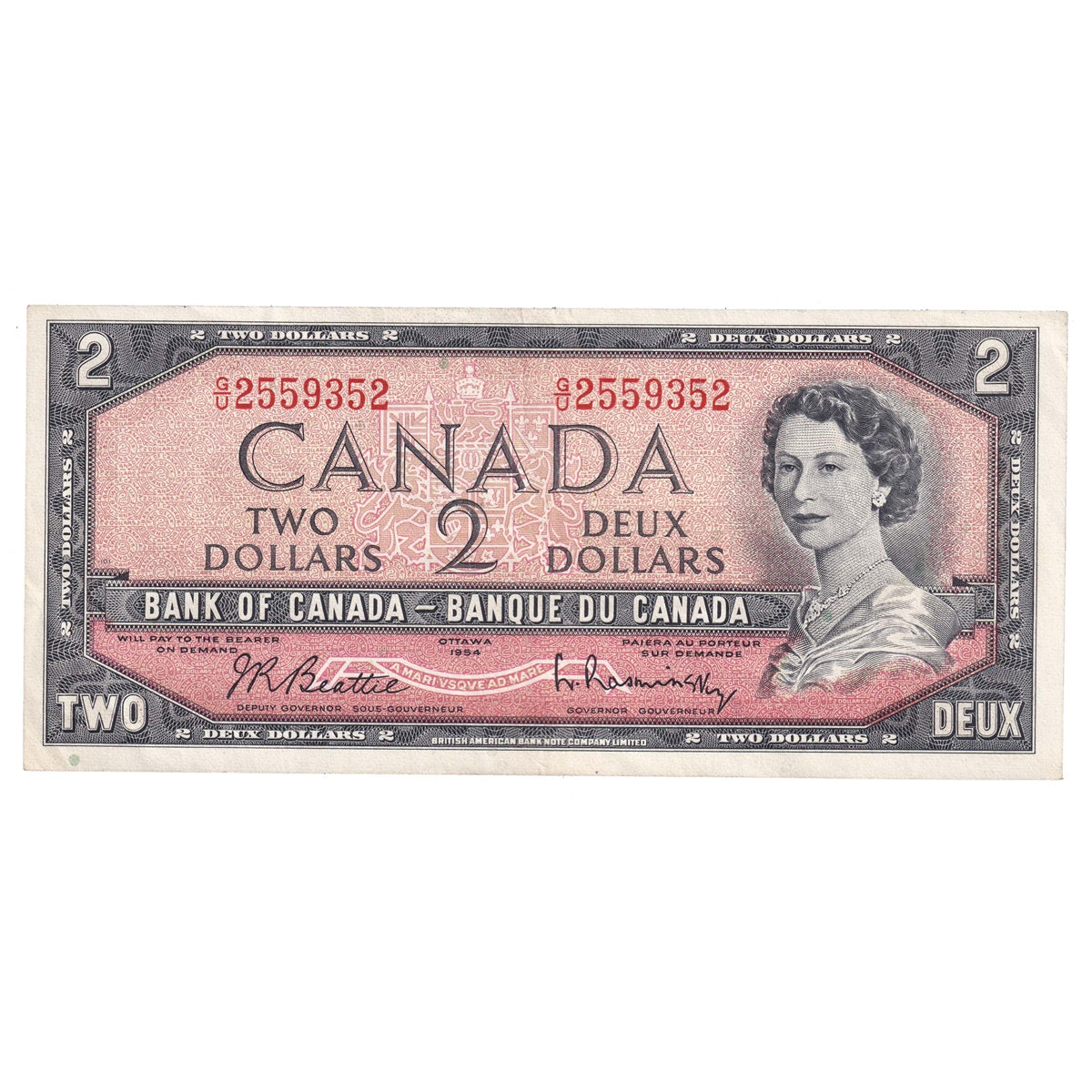 BC-38b 1954 Canada $2 Beattie-Rasminsky, G/U, Extra Fine (EF40)