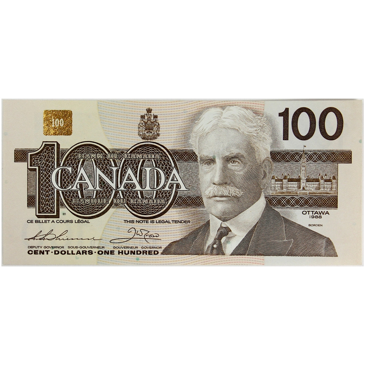 BC-60a-i 1988 Canada $100 Thiessen-Crow, BJB, Almost Uncirculated (AU50)