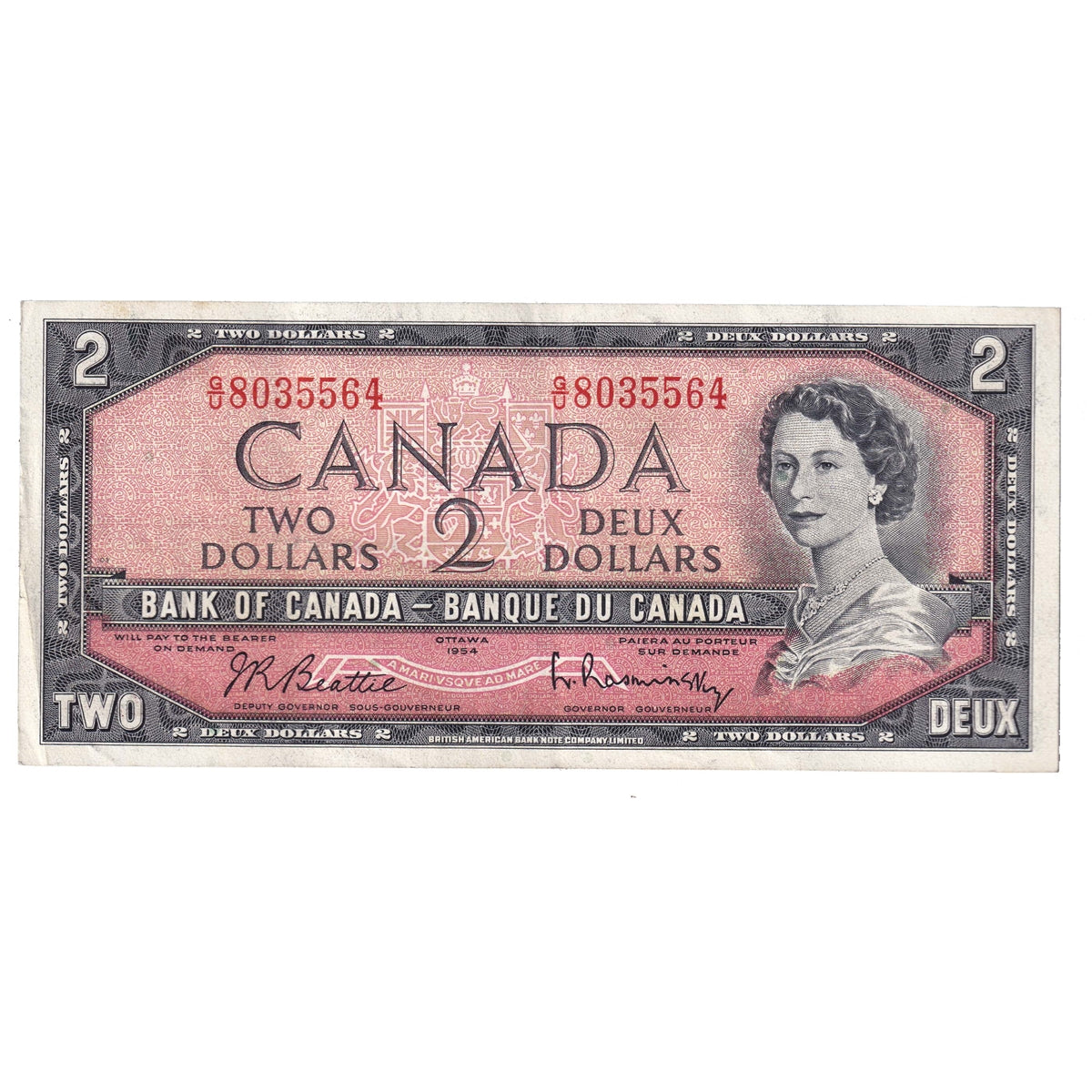 BC-38b 1954 Canada $2 Beattie-Rasminsky, G/U, VF-EF (VF30)