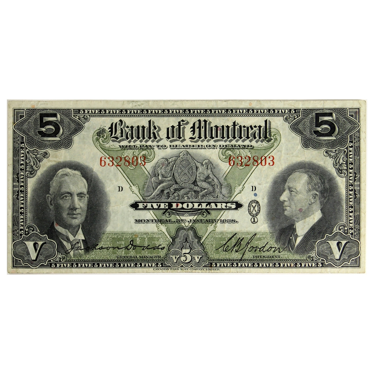 505-62-02 1938 Bank of Montreal $5 Dodds-Gordon, VF