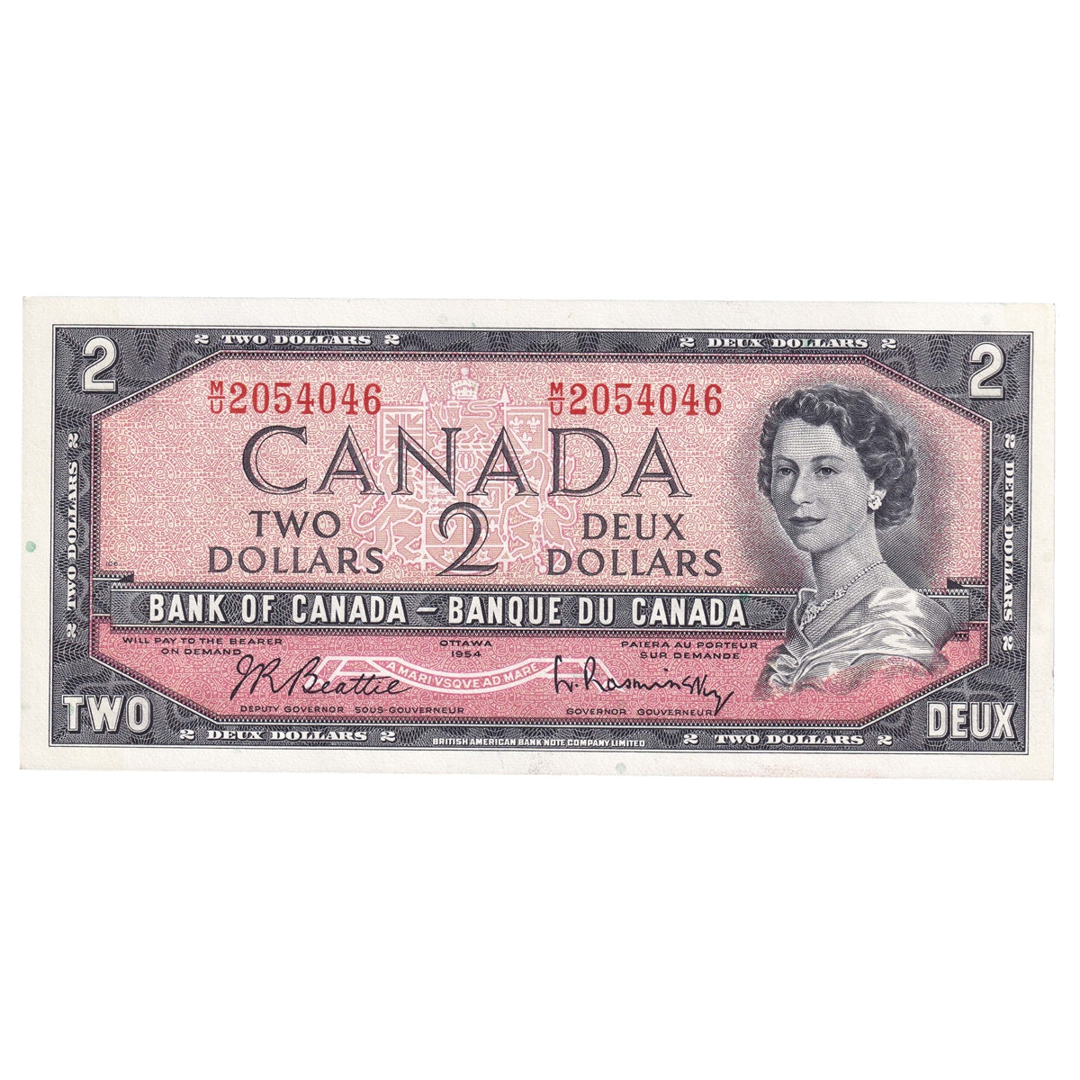 BC-38b 1954 Canada $2 Beattie-Rasminsky, M/U, AU-UNC (AU55)