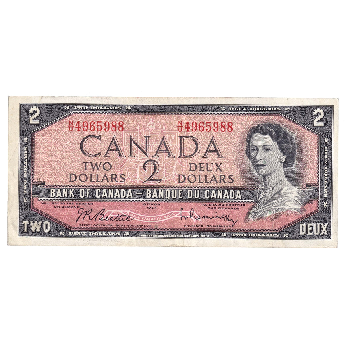 BC-38b 1954 Canada $2 Beattie-Rasminsky, N/U, VF-EF (VF30)