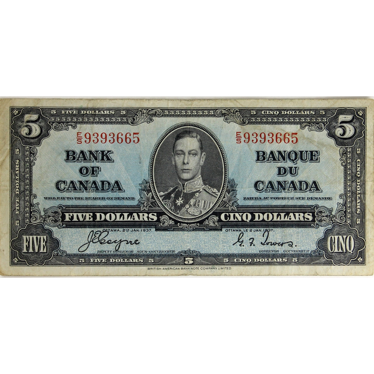 BC-23c 1937 Canada $5 Coyne-Towers, E/S, Fine (F12)