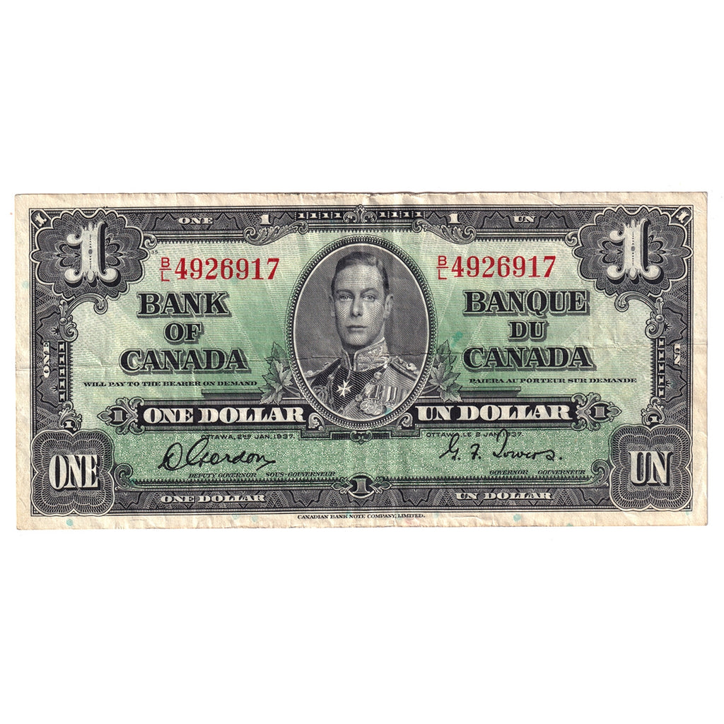 BC-21c 1937 Canada $1 Gordon-Towers, B/L, VF-EF (VF30)