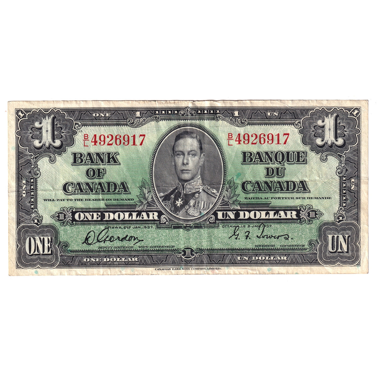 BC-21c 1937 Canada $1 Gordon-Towers, B/L, VF-EF (VF30)