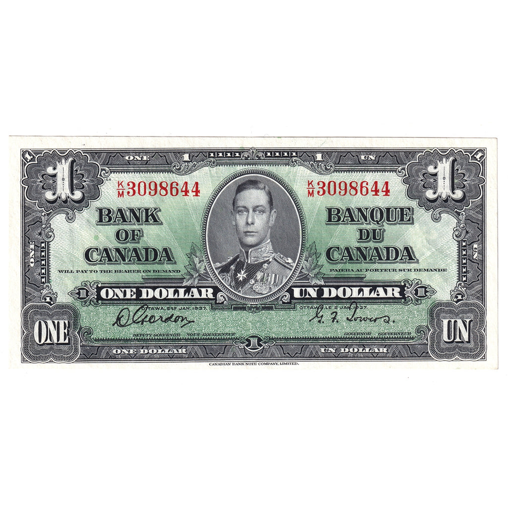 BC-21c 1937 Canada $1 Gordon-Towers, K/M, Almost Uncirculated (AU50)