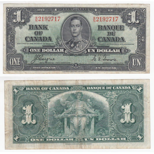 BC-21d 1937 Canada $1 Coyne-Towers, B/N, VF-EF