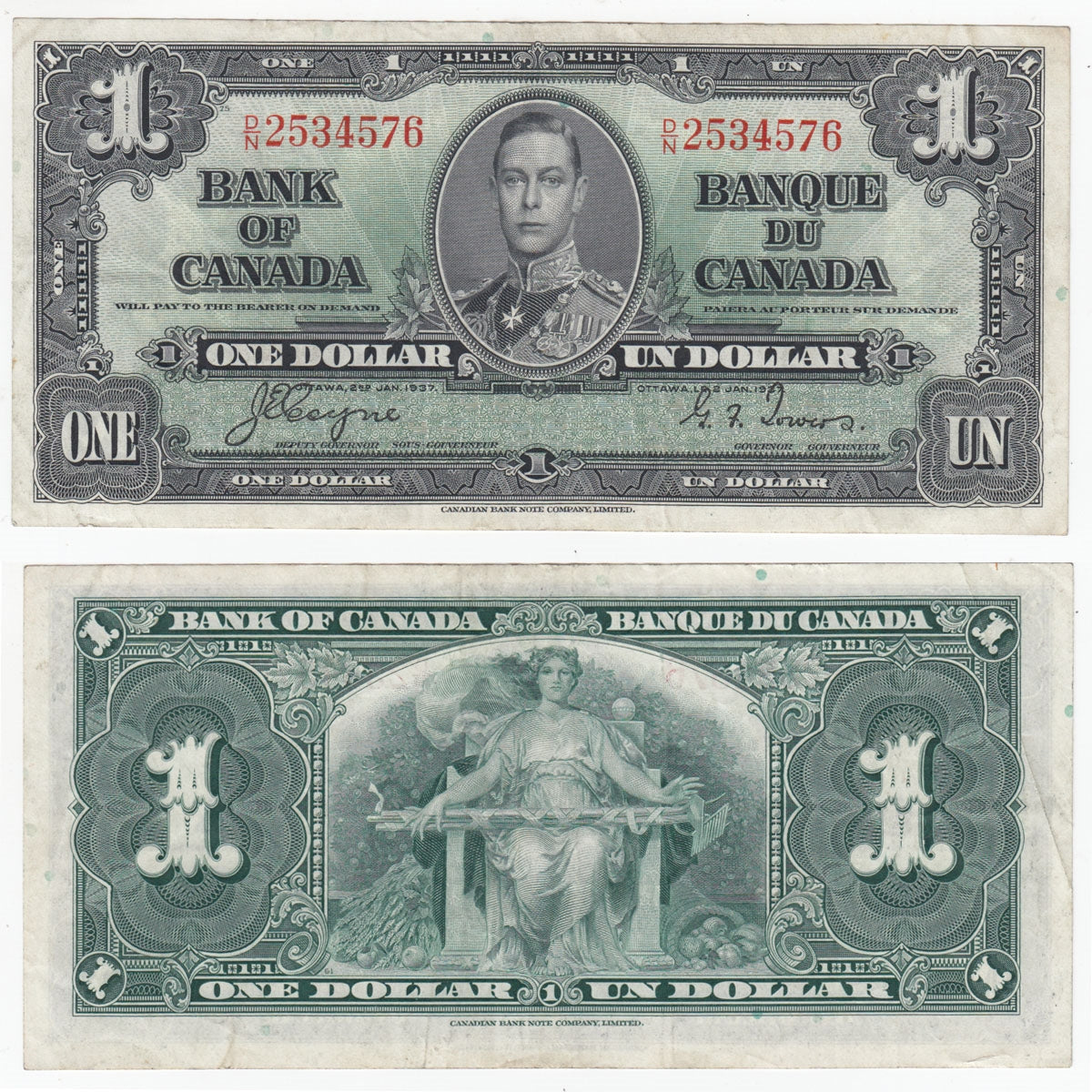 BC-21d 1937 Canada $1 Coyne-Towers, D/N, VF