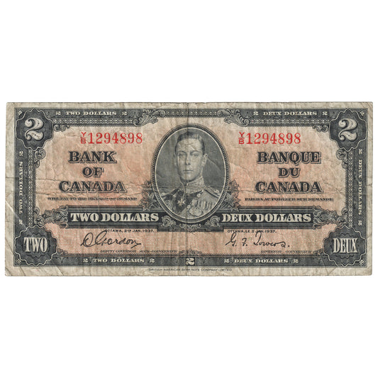 BC-22b 1937 Canada $2 Gordon-Towers, Y/B, VG-F