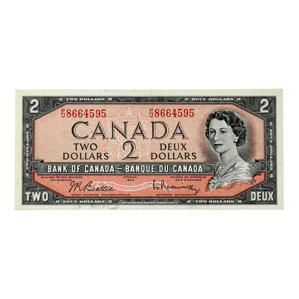 BC-38b 1954 Canada $2 Beattie-Rasminsky, P/U, VF-EF (VF30)