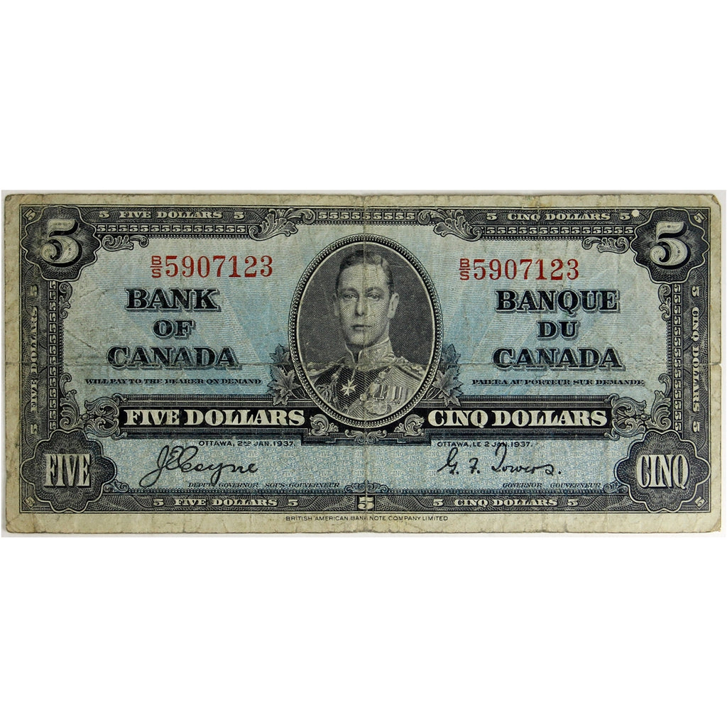 BC-23c 1937 Canada $5 Coyne-Towers, B/S, Circ