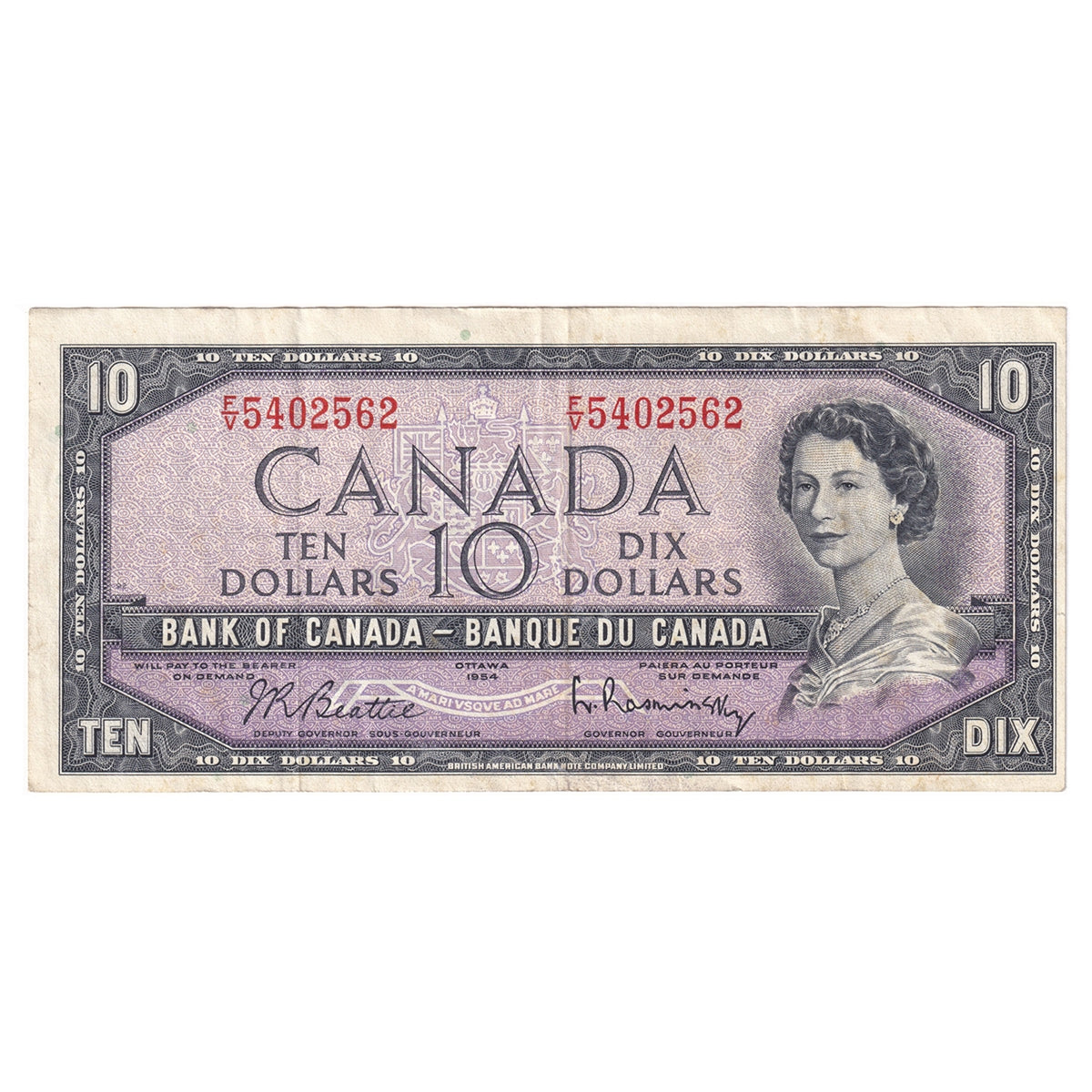 BC-40b 1954 Canada $10 Beattie-Rasminsky, F/V, VF-EF (VF30)