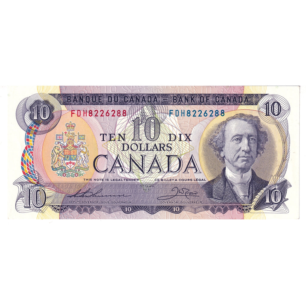 BC-49e 1971 Canada $10 Thiessen-Crow, FDH, Almost Uncirculated (AU50)