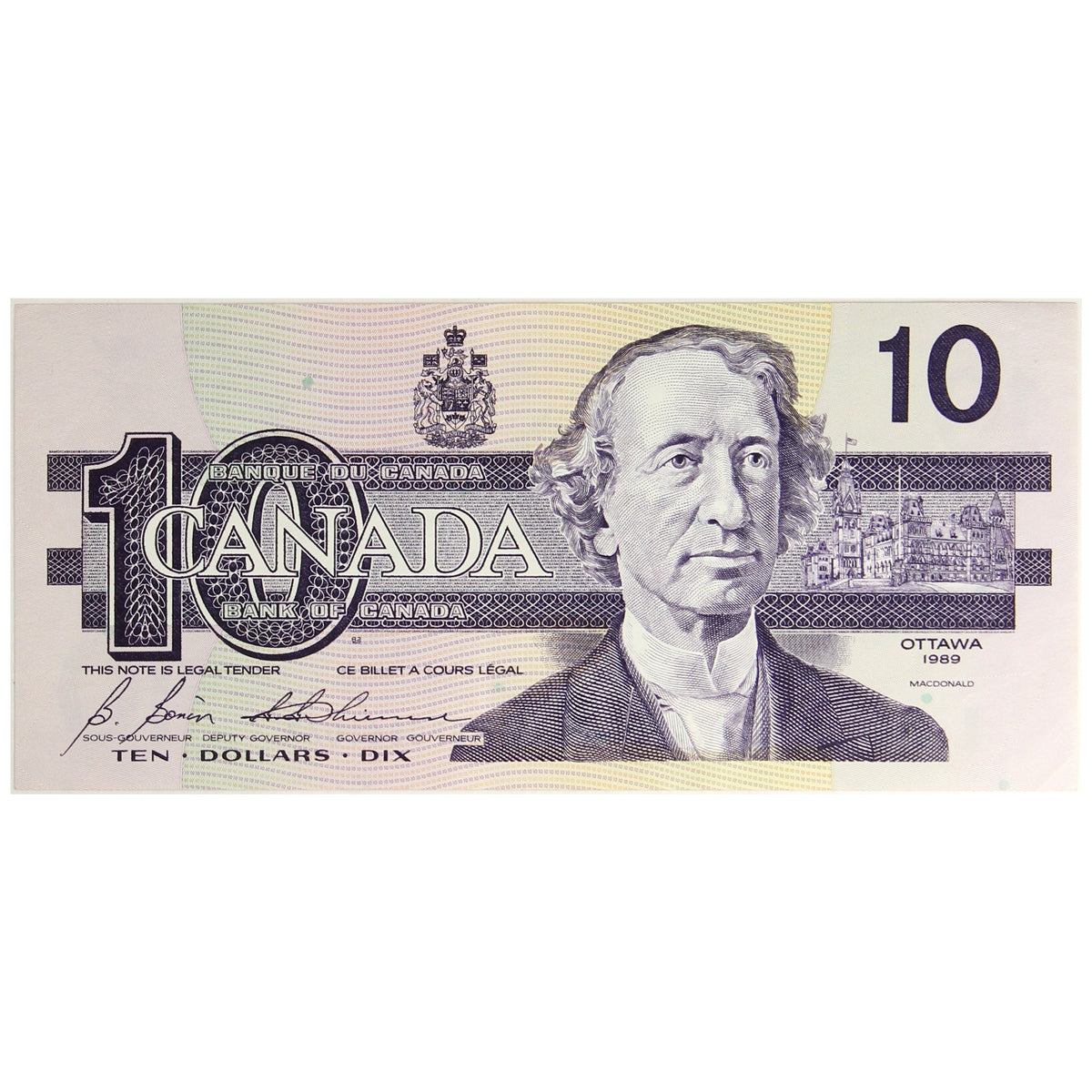 BC-57b 1989 Canada $10 Bonin-Thiessen, BDP, Almost Uncirculated (AU50)