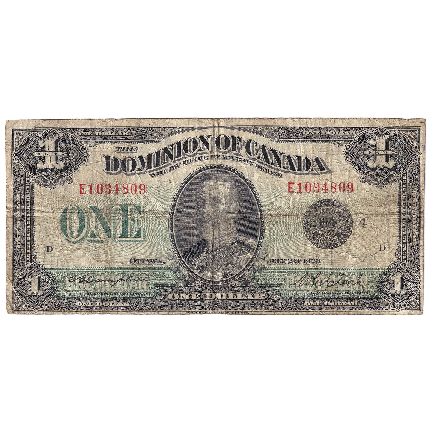 DC-25o 1923 Dominion $1 Campbell-Clark, Black Seal, Group 4, Series E, Very Good (VG8)