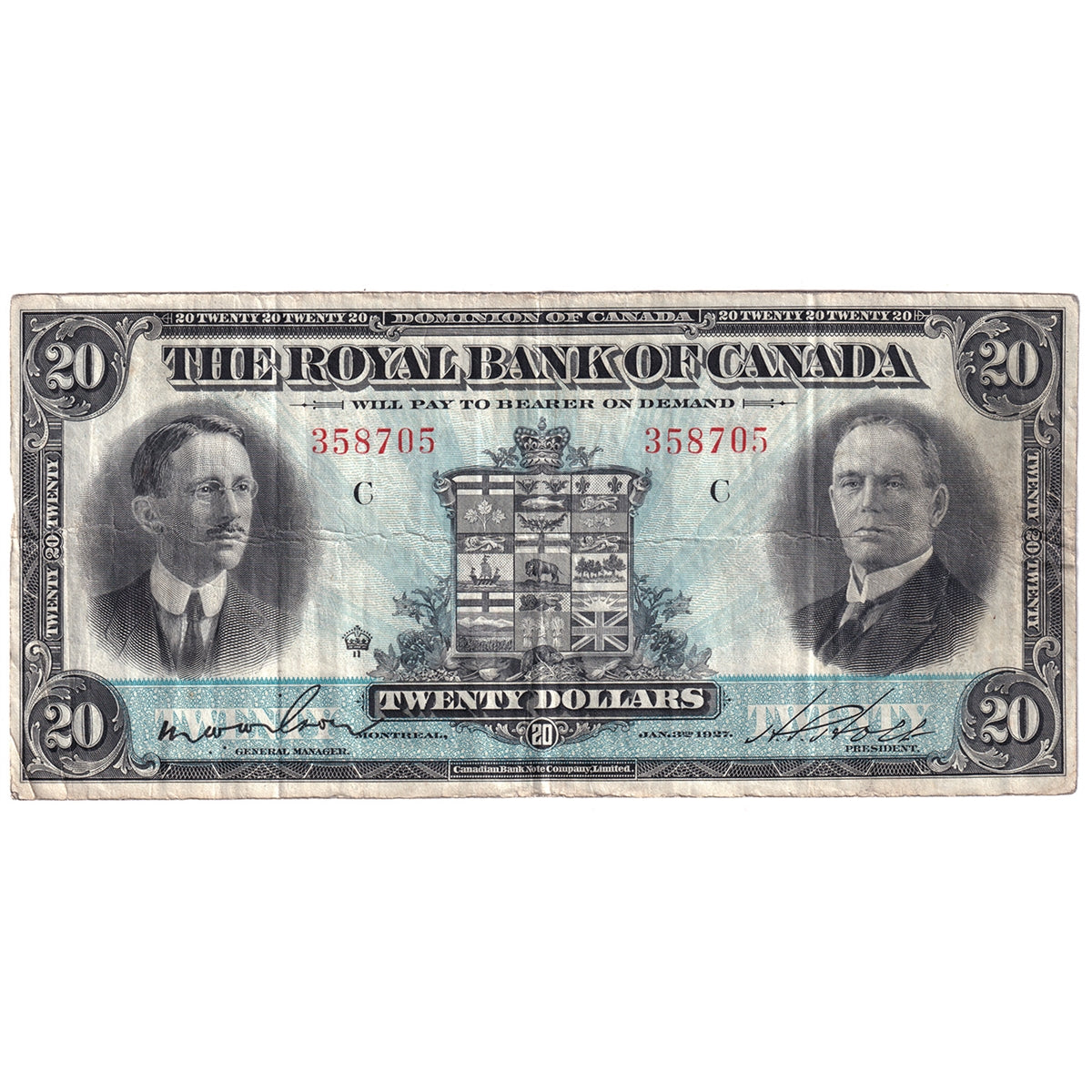 630-14-12 1927 Royal Bank of Canada $20 Wilson-Holt, Very Fine (VF20)