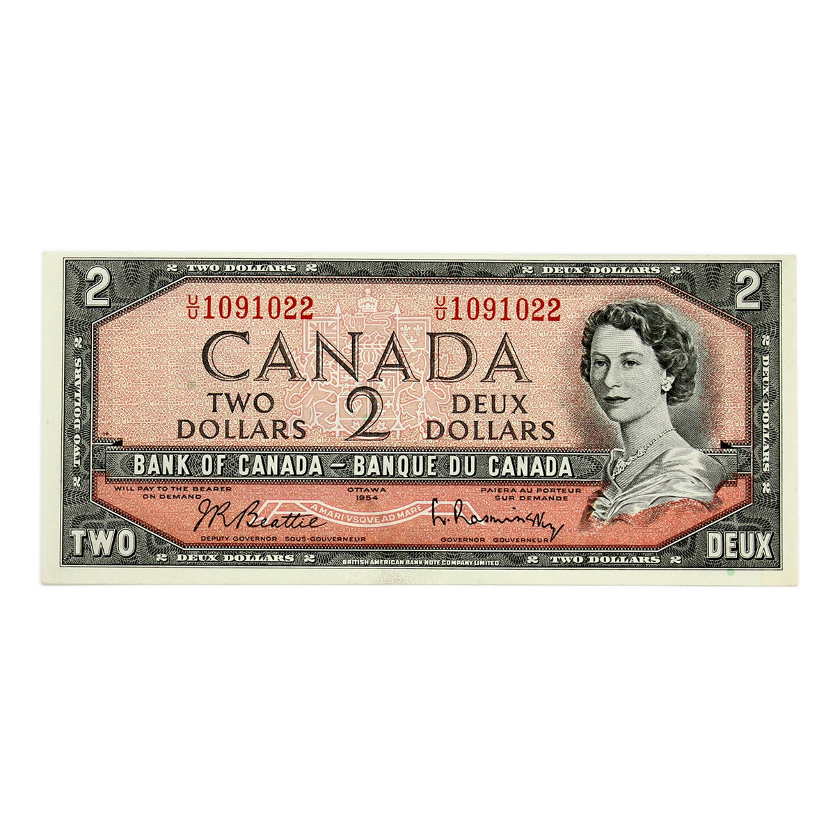 BC-38b 1954 Canada $2 Beattie-Rasminsky, U/U, AU-UNC (AU55)