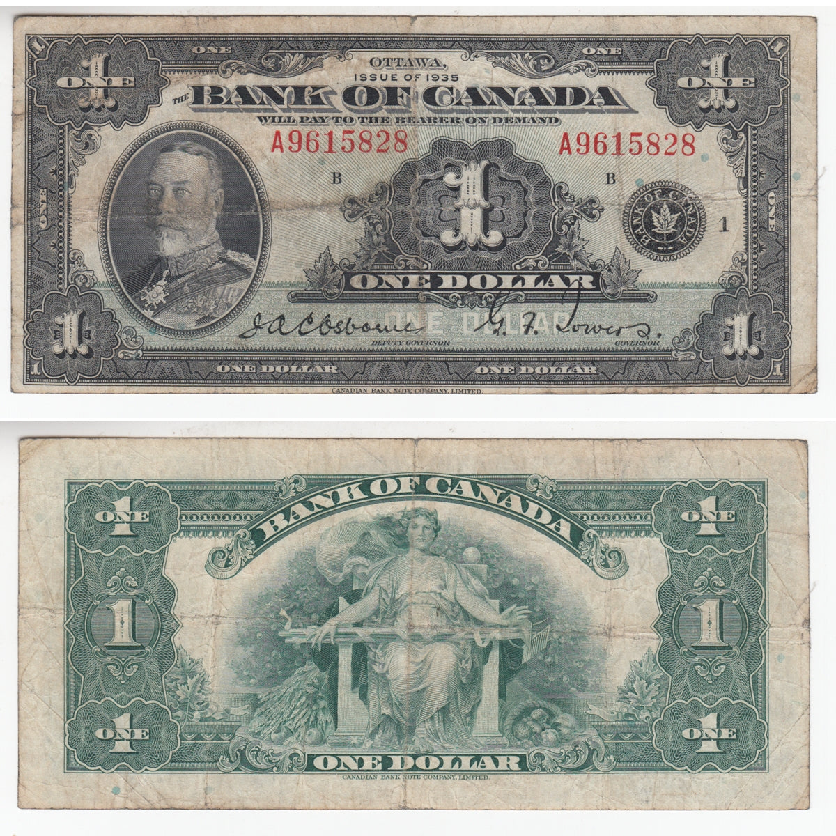 BC-1 1935 Canada $1 Osborne-Towers, English, Series A, VG-F