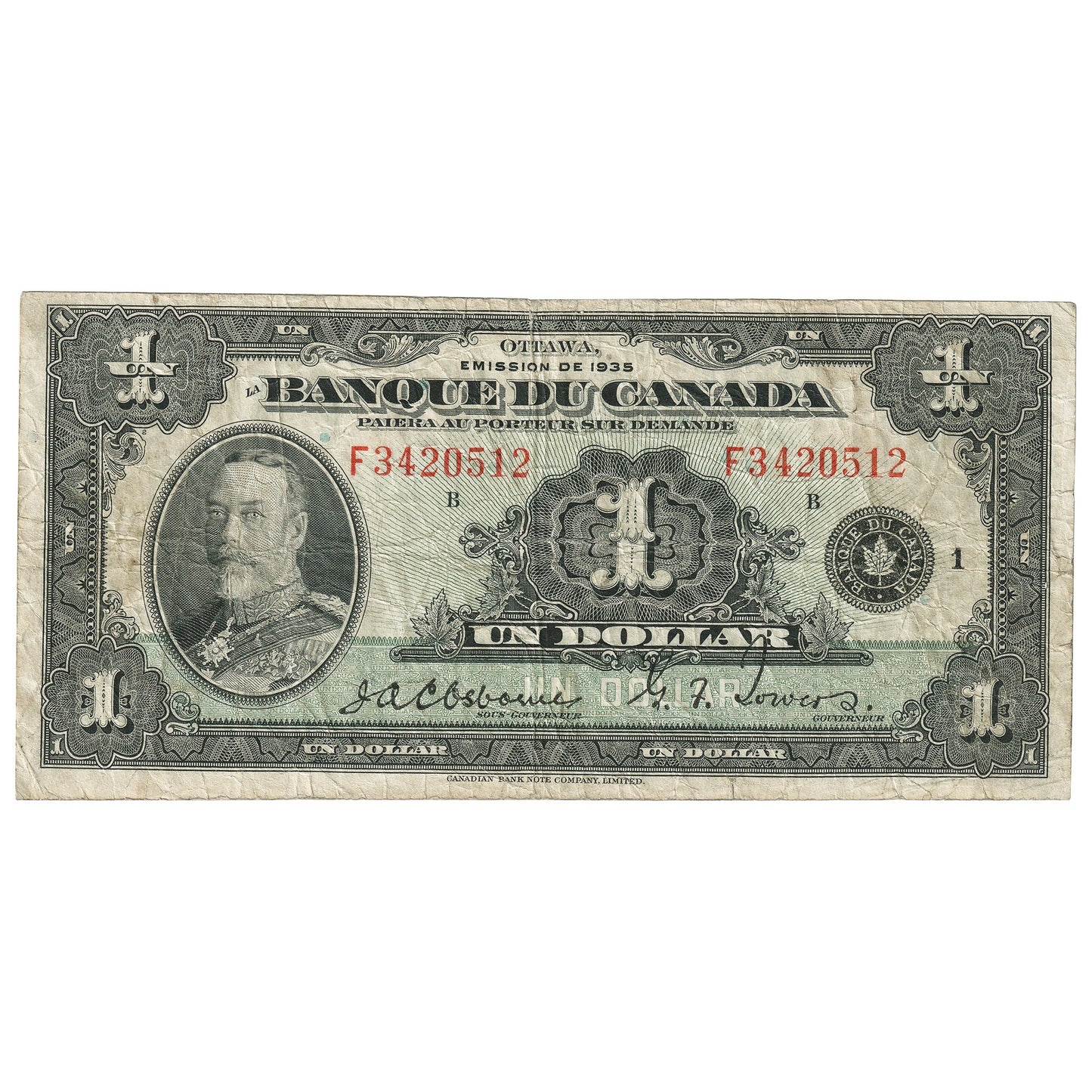 BC-2 1935 Canada $1 Osborne-Towers, French, VG-F