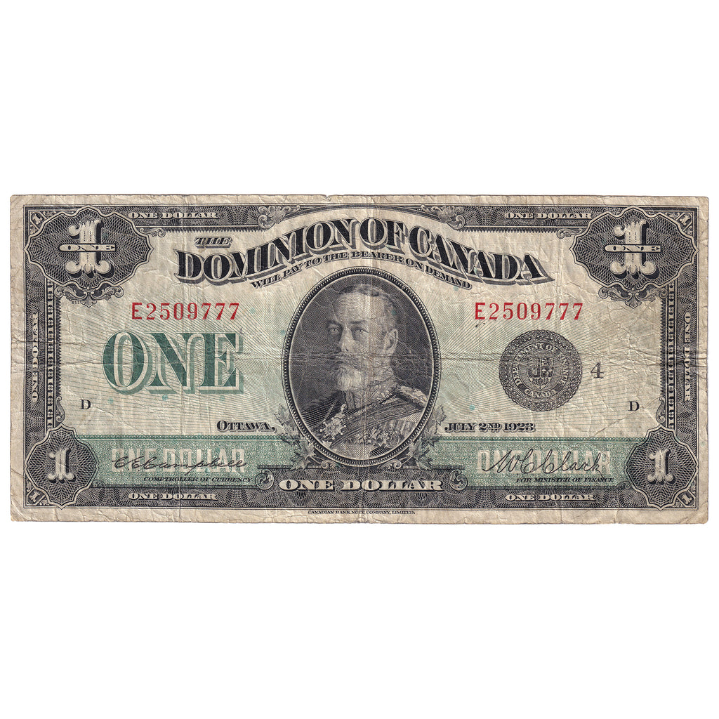 DC-25o 1923 Dominion $1 Campbell-Clark, Black Seal, Group 4, Series E, VG-F