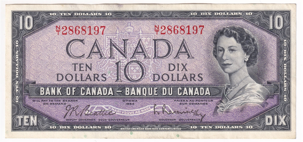 BC-40b 1954 Canada $10 Beattie-Rasminsky, N/T, EF-AU (EF45)