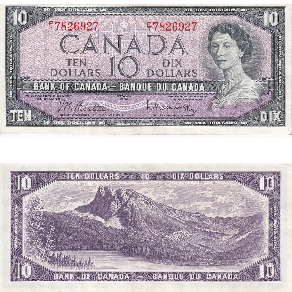 BC-40b 1954 Canada $10 Beattie-Rasminsky, P/T, VF-EF