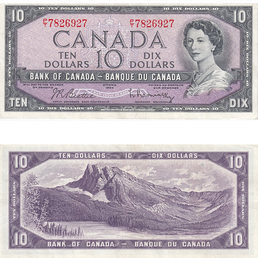 BC-40b 1954 Canada $10 Beattie-Rasminsky, P/T, VF-EF