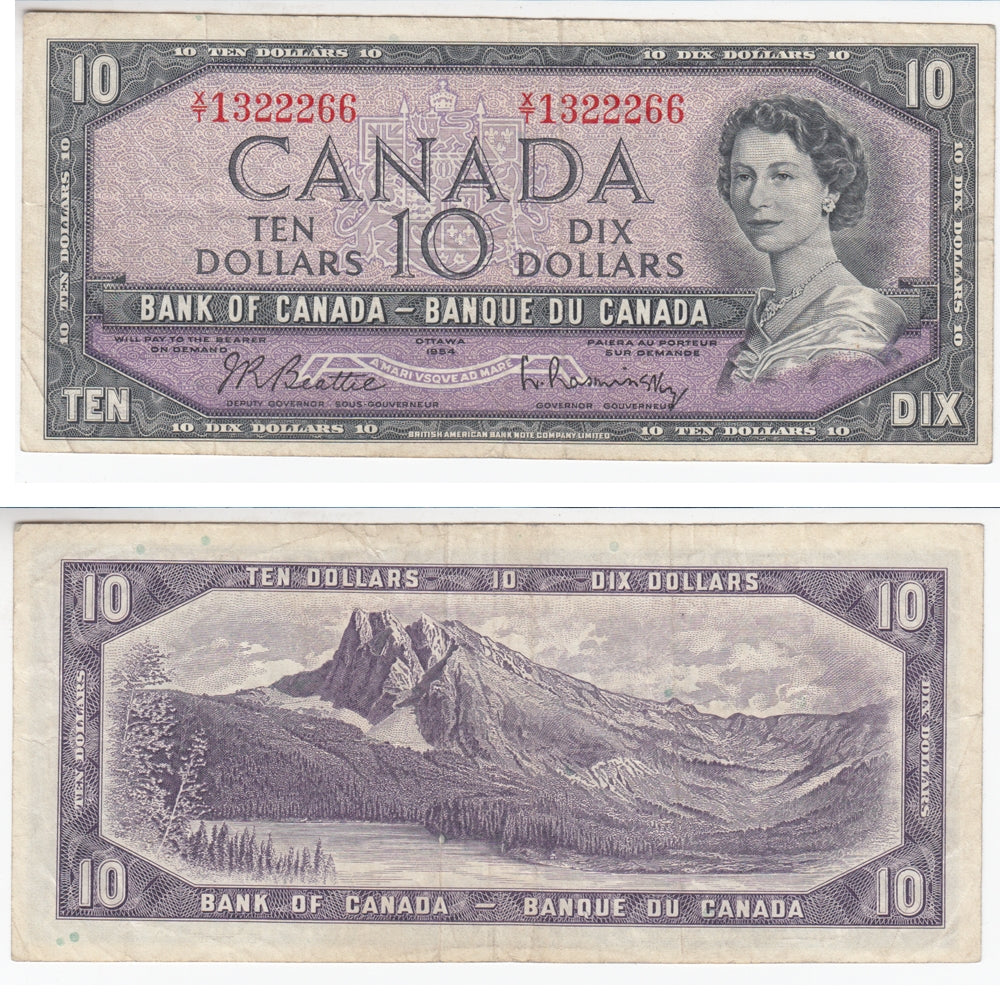 BC-40b 1954 Canada $10 Beattie-Rasminsky, X/T, Very Fine (VF20)