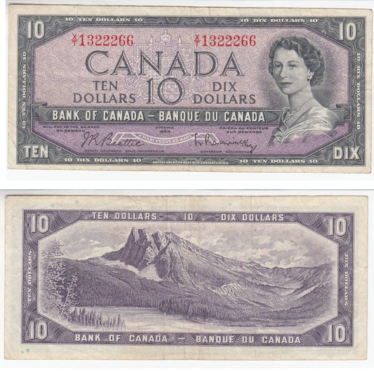 BC-40b 1954 Canada $10 Beattie-Rasminsky, X/T, Very Fine (VF20)