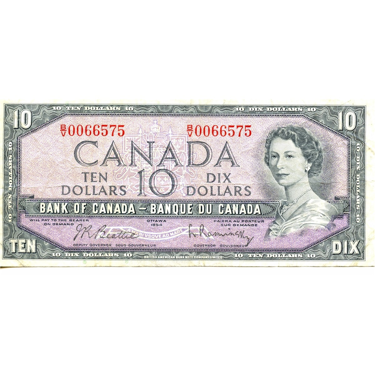 BC-40b 1954 Canada $10 Beattie-Rasminsky, B/V, Very Fine (VF20)