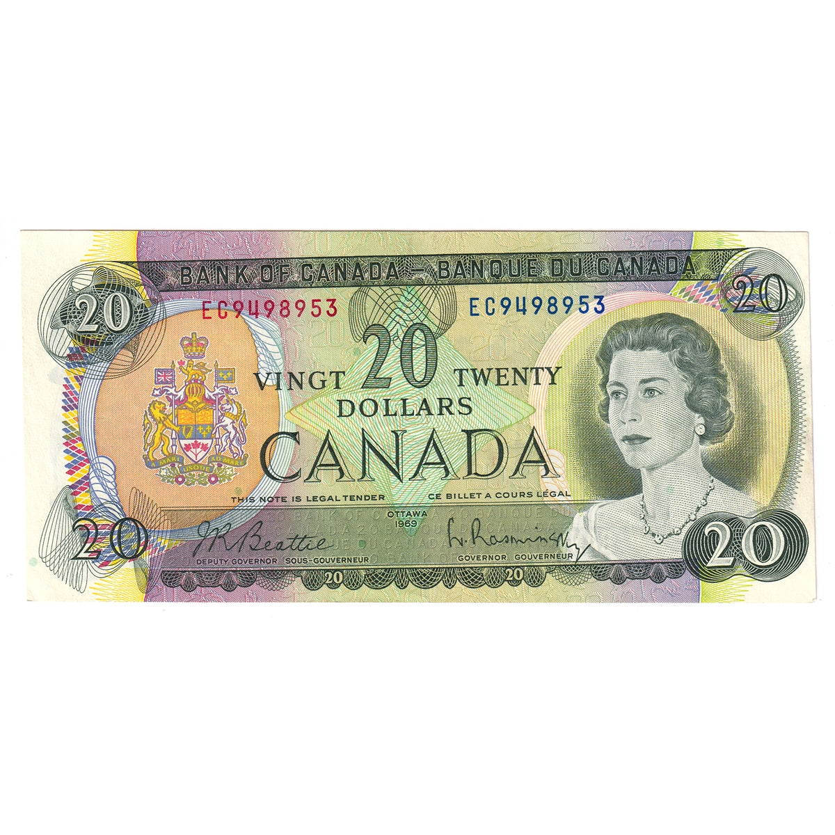 BC-50a 1969 Canada $20 Beattie-Rasminsky, EC, Almost Uncirculated (AU50)
