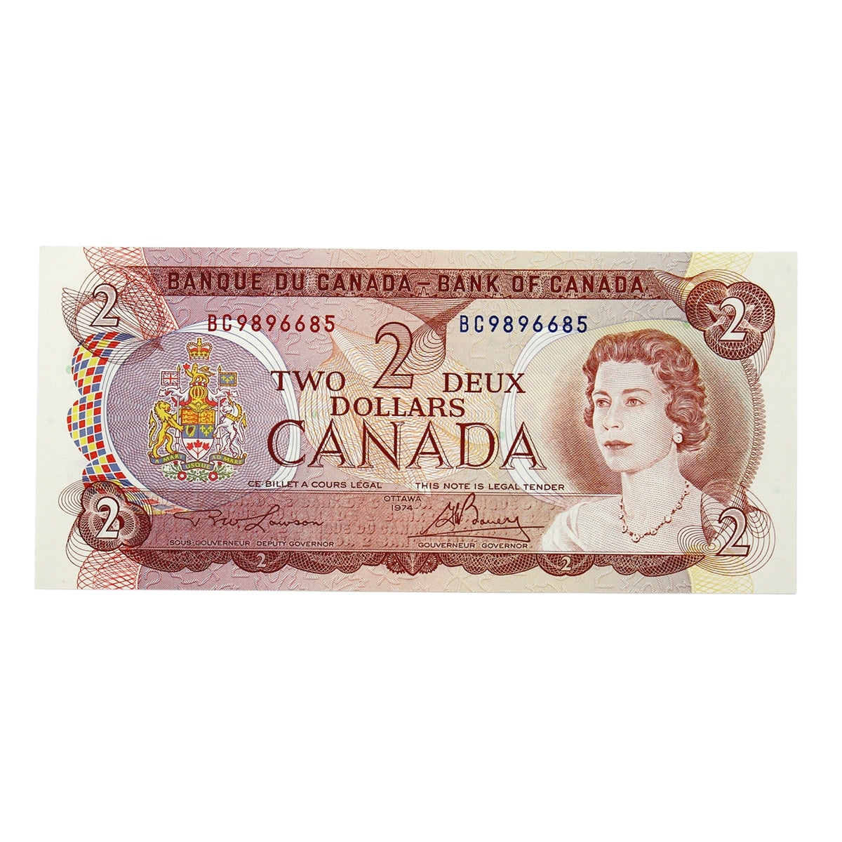 BC-47a 1974 Canada $2 Lawson-Bouey, BC, Modified Tint, Choice Uncirculated (CUNC63)